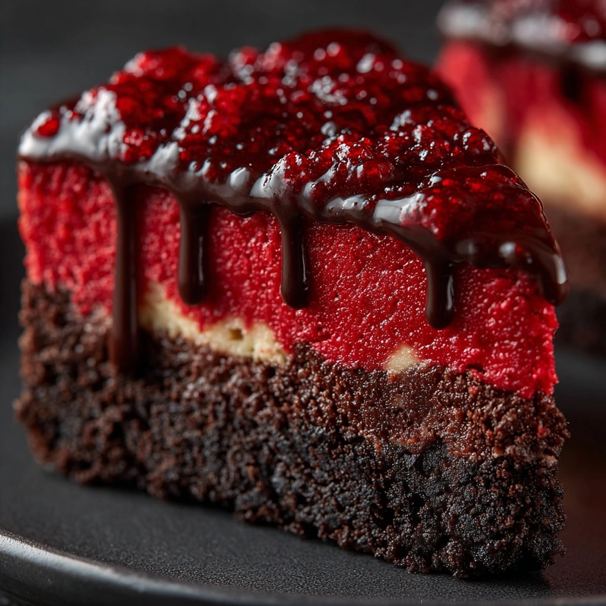Classic cheesecake topped with glossy strawberry sauce and fresh mint on a white plate
