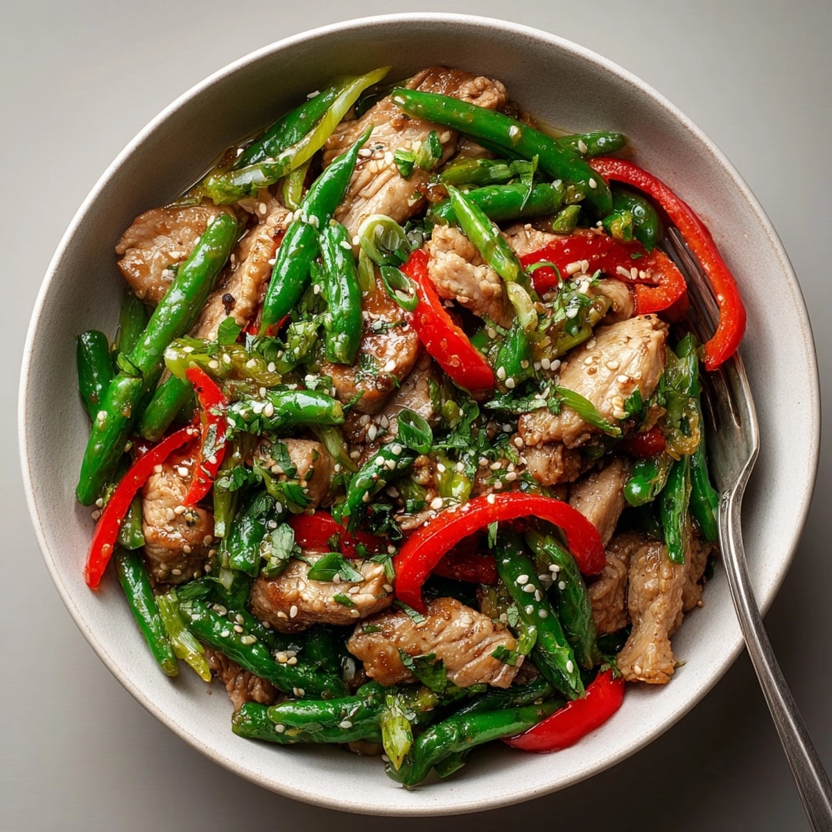 Golden-brown Quick Garlic-Butter Turkey Stir-Fry, served hot with sesame seeds and fresh herbs.