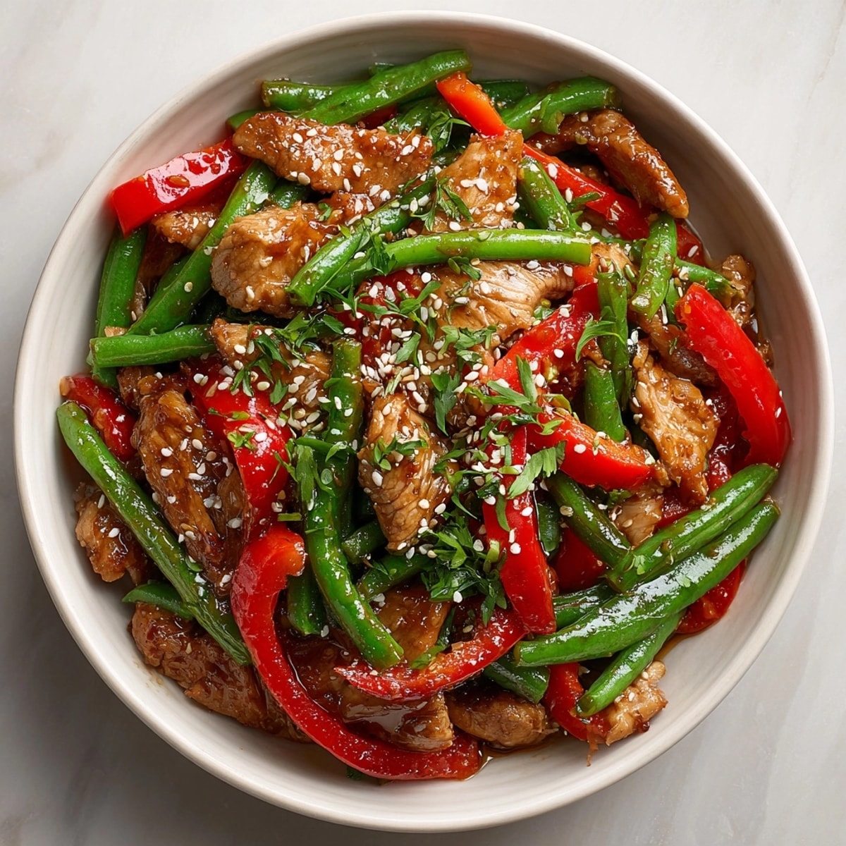 Vibrant Quick Garlic-Butter Turkey Stir-Fry featuring tender turkey and crisp green beans, perfect for a quick lunch.