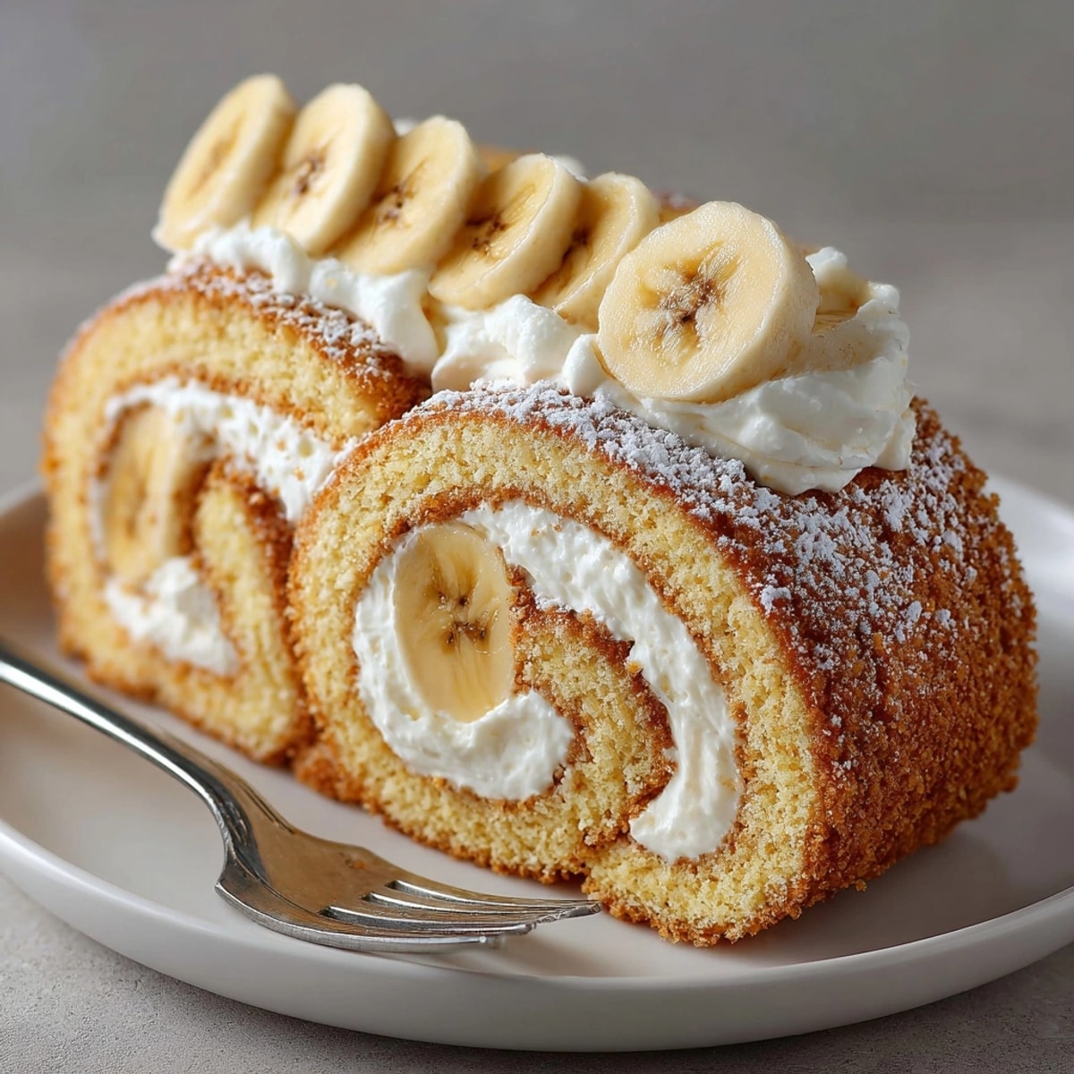 Golden Banana Cream Cheesecake Roll, sliced, showing layers of filling and banana.