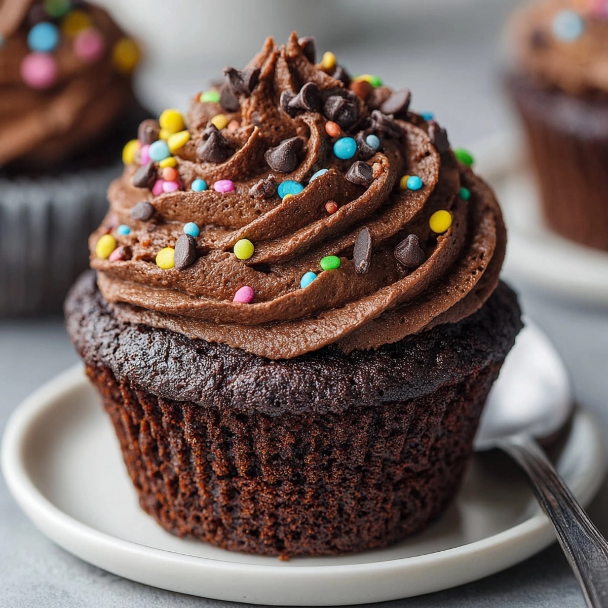 Close-up of a moist Allergy-Friendly Chocolate Halloween Cupcake with dairy-free frosting swirl.