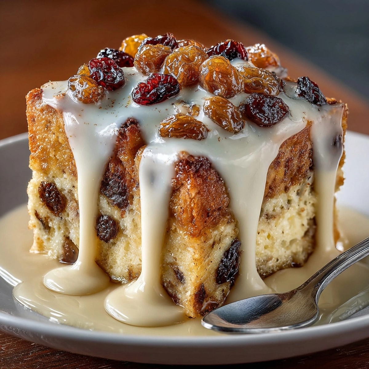 Golden baked Eggnog Bread Pudding glistens, drenched in rich, creamy, homemade rum sauce.