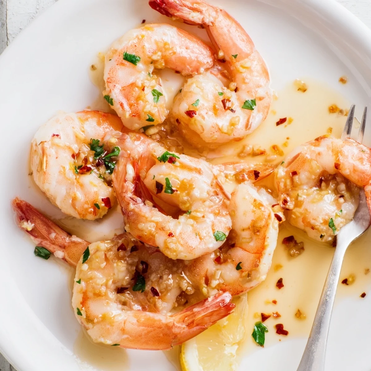 Succulent garlic shrimp simplified with butter, lemon, and fresh parsley garnish.