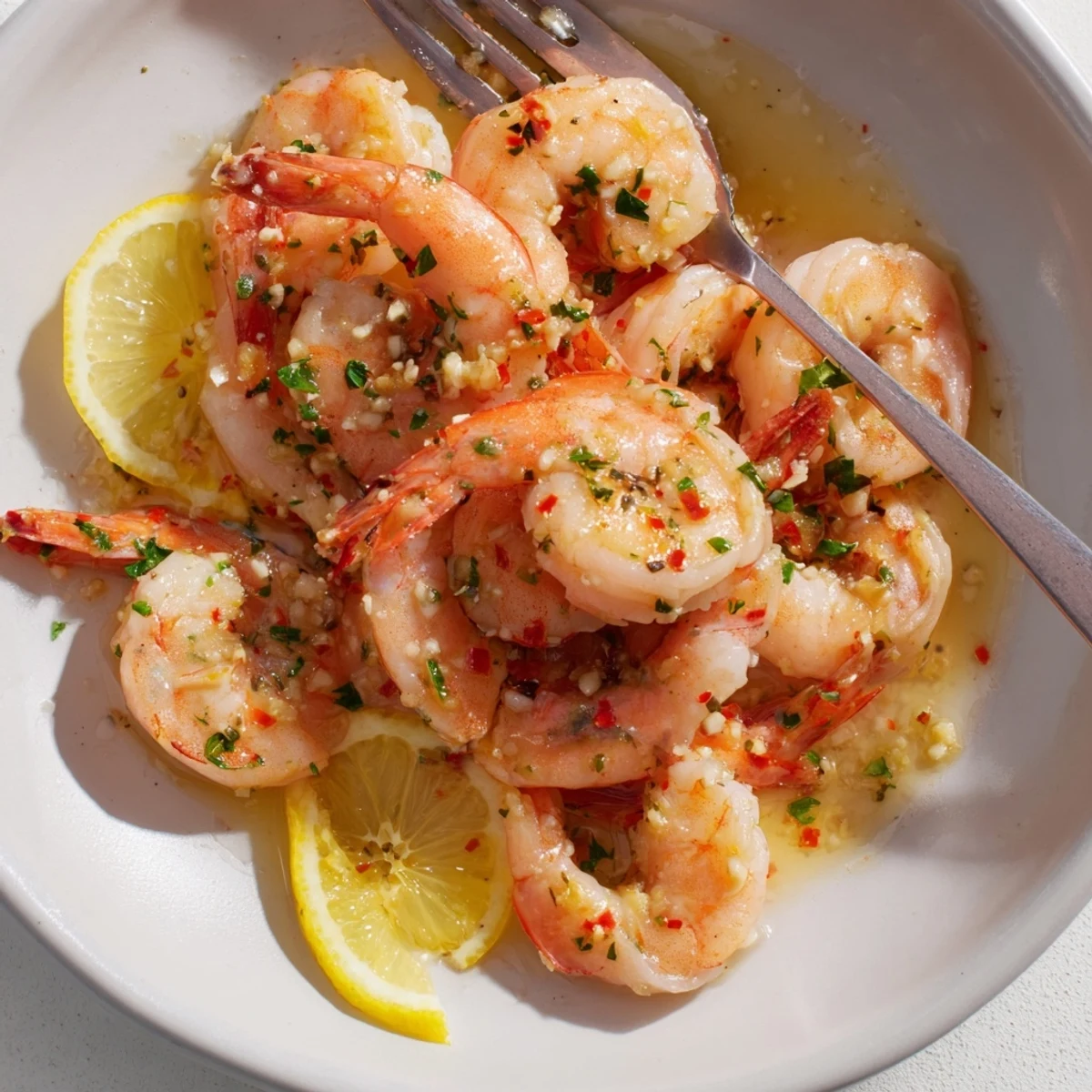 Quick garlic shrimp simplified dish, served hot with zesty lemon wedges.