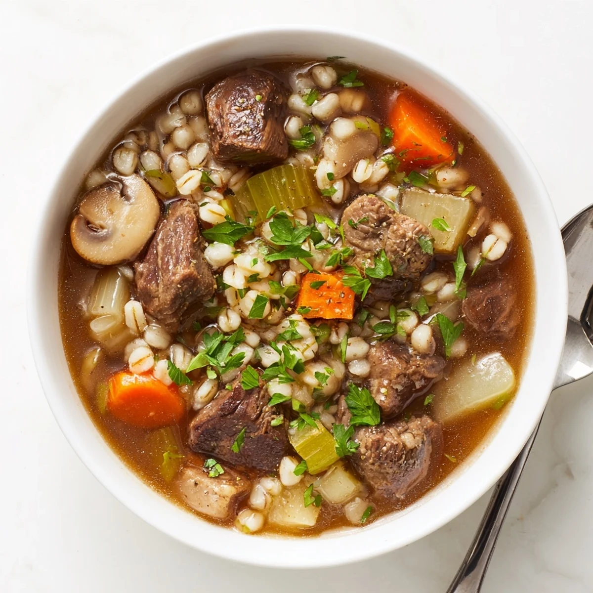 Hearty beef and barley soup, filled with vegetables and savory broth, ready to serve.