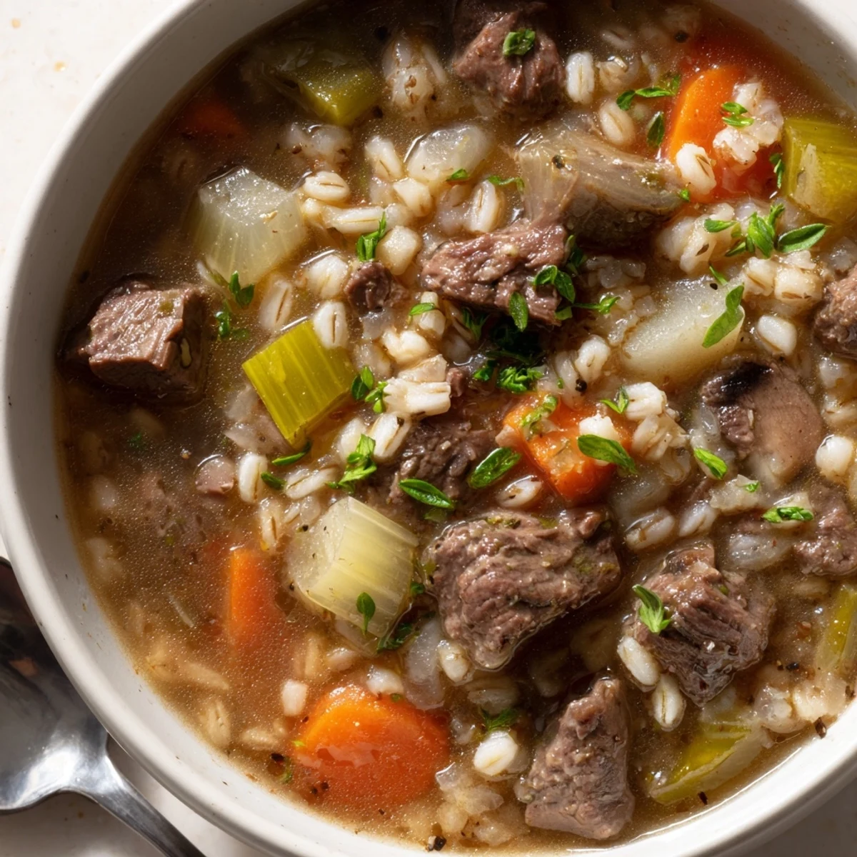 Savory beef and barley soup simmered to perfection, ideal for chilly evenings.