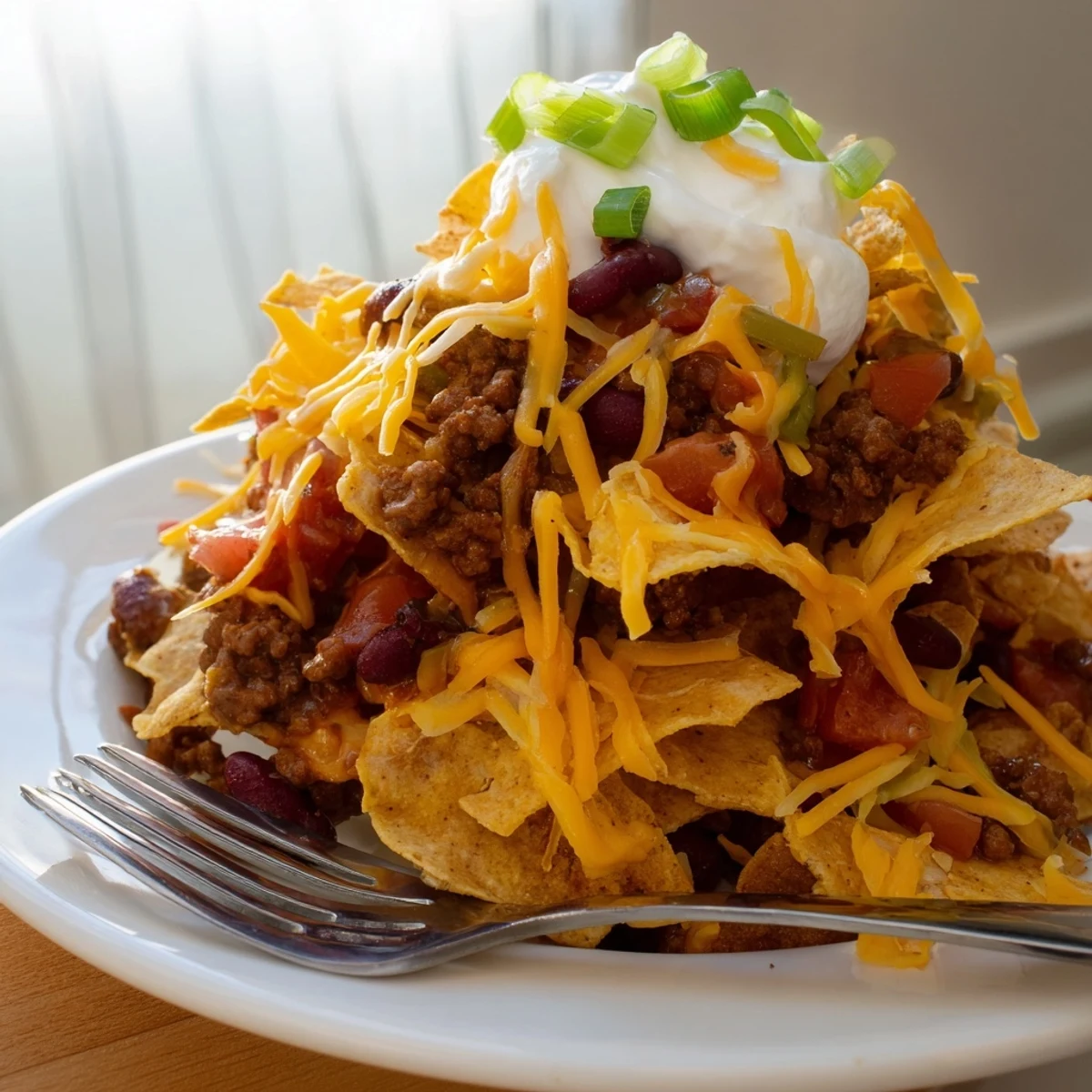 Hearty Chili Cheese Frito Pie topped with melted cheese and crispy corn chips.