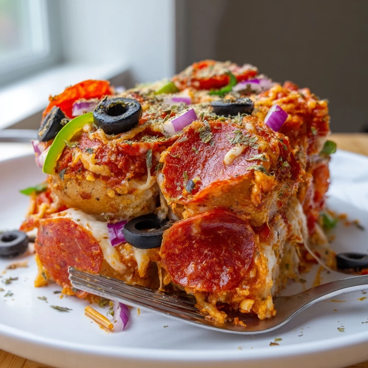 Cheesy Pizza Bagel Bites Casserole topped with colorful veggies, perfect for quick weeknight dinners.