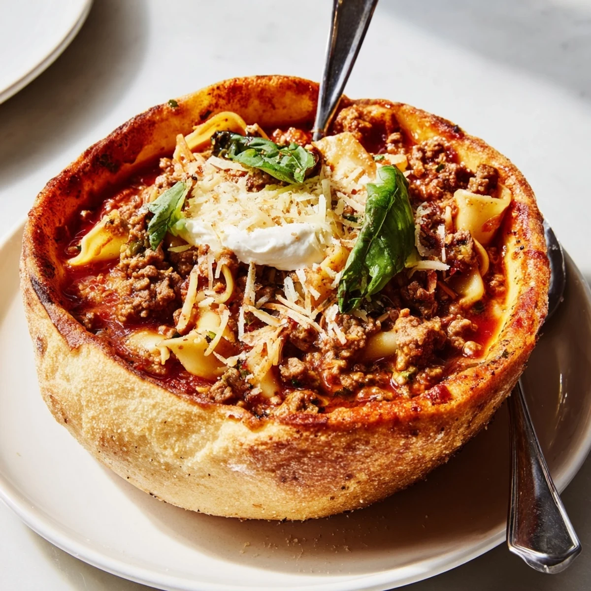 Delicious Lasagne Soup served in crispy pizza dough bowls, garnished with fresh basil.