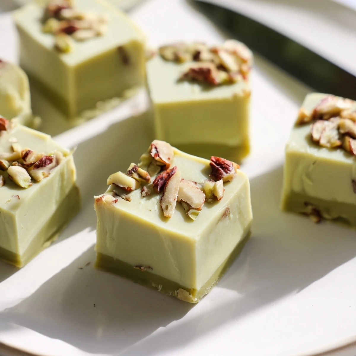 Creamy matcha white chocolate Thanksgiving fudge, garnished with cranberries and pecans.  