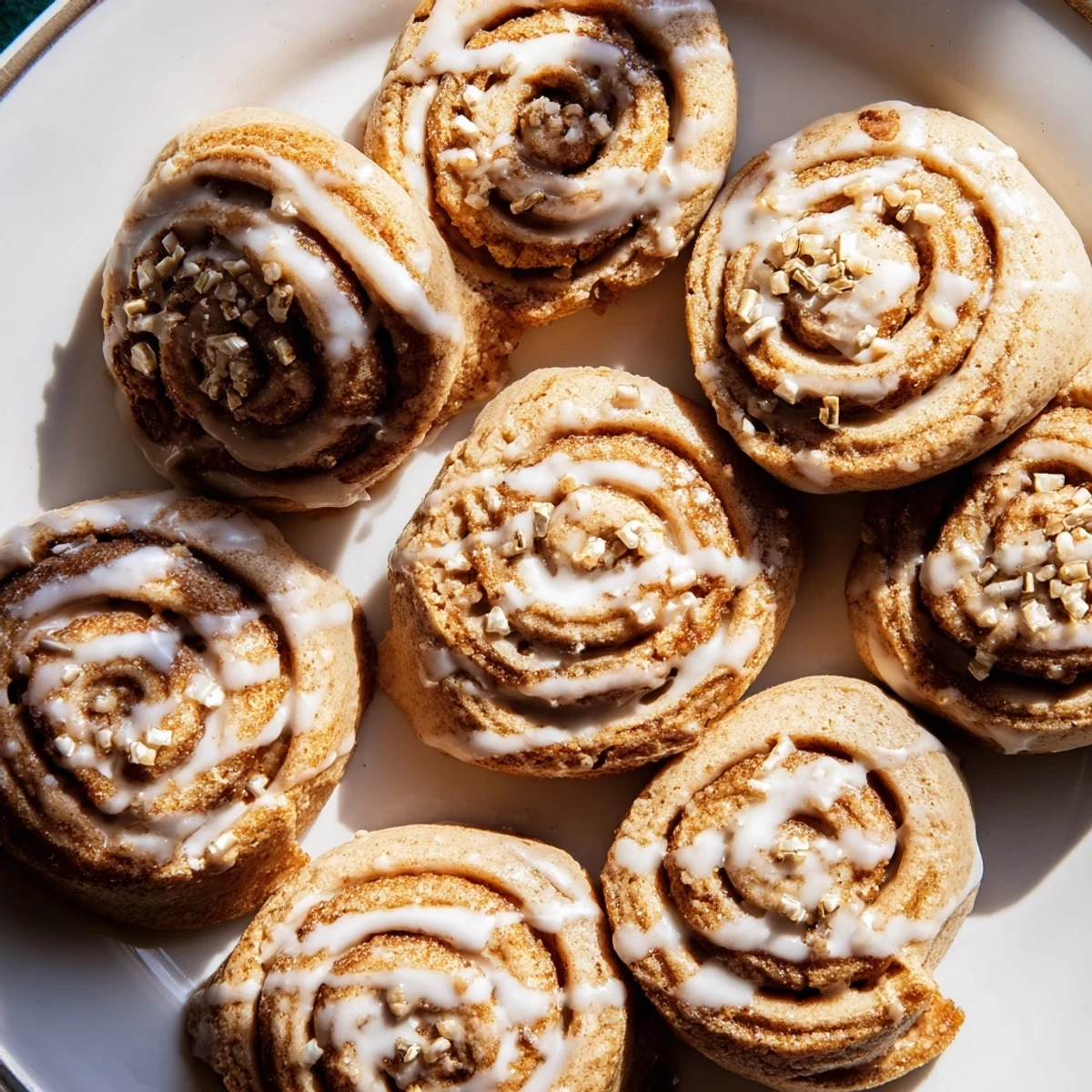 Soft Gingerbread Hanukkah Cinnamon Roll Cookies drizzled with decadent glaze on a festive plate.