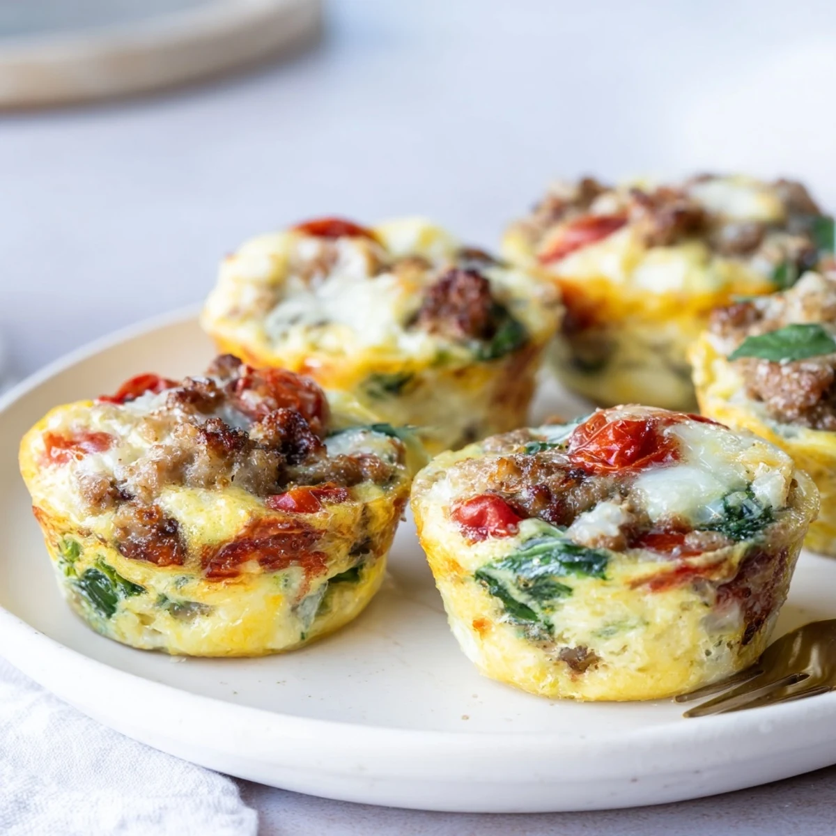 Warm Spicy Lasagne Soup Egg Muffins, perfect for brunch paired with fresh basil and salad.