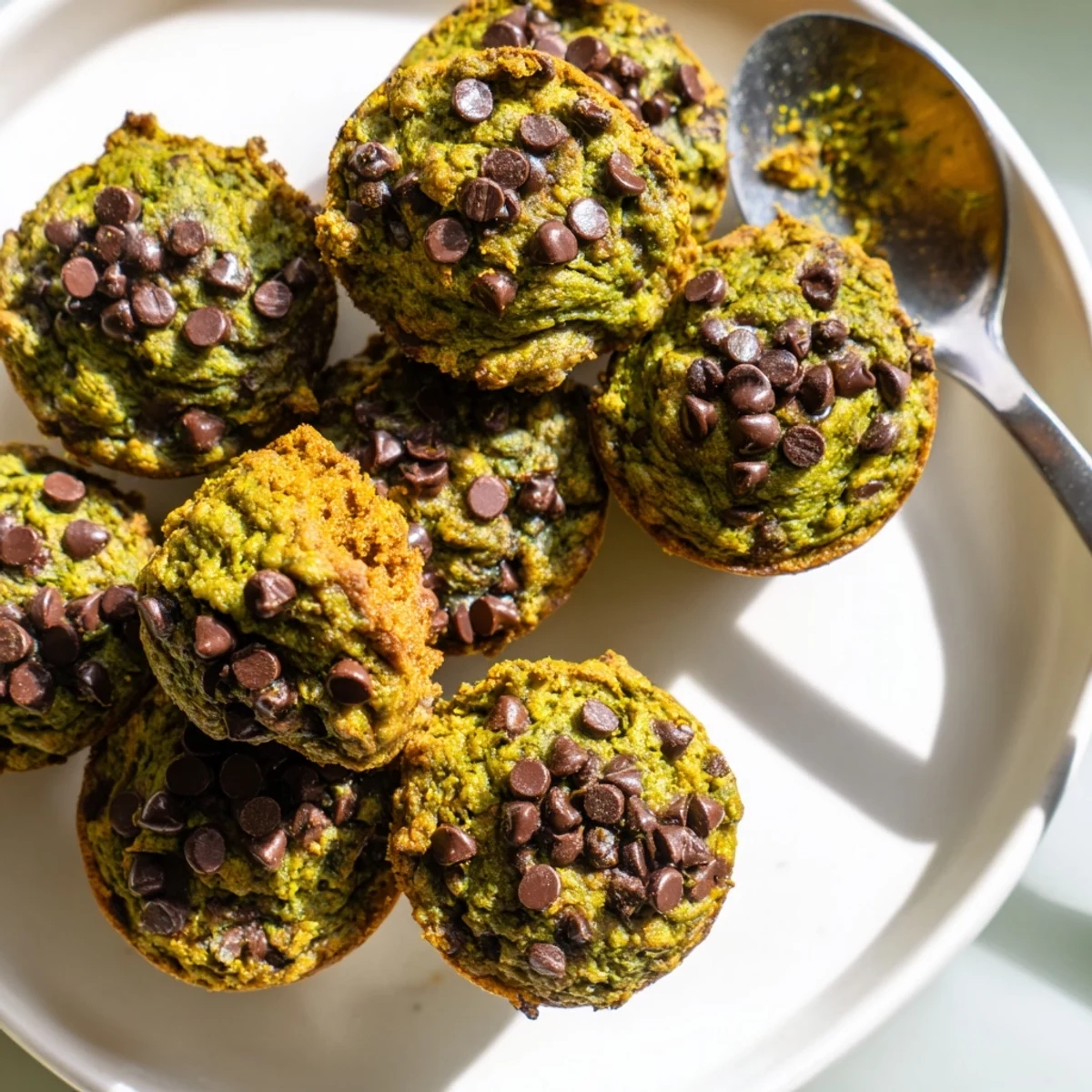 Bite-sized matcha pumpkin chocolate muffins showcasing vibrant green hues and rich flavors.