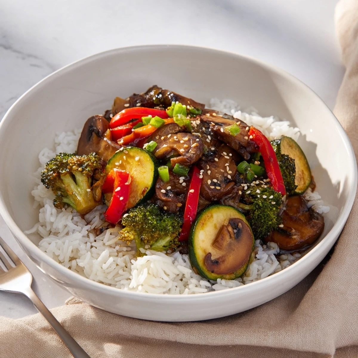 Deliciously cooked Japanese Hibachi Veggie Bowls topped with garlic-ginger sauce and scallions.