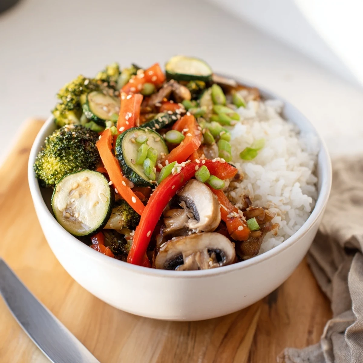 Savory Japanese Hibachi Veggie Bowls filled with fresh vegetables and toasted sesame seeds.