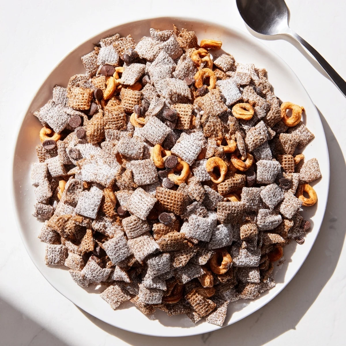 Delicious Thanksgiving Chai-Spiced Puppy Chow coated in powdered sugar and festive spices.
