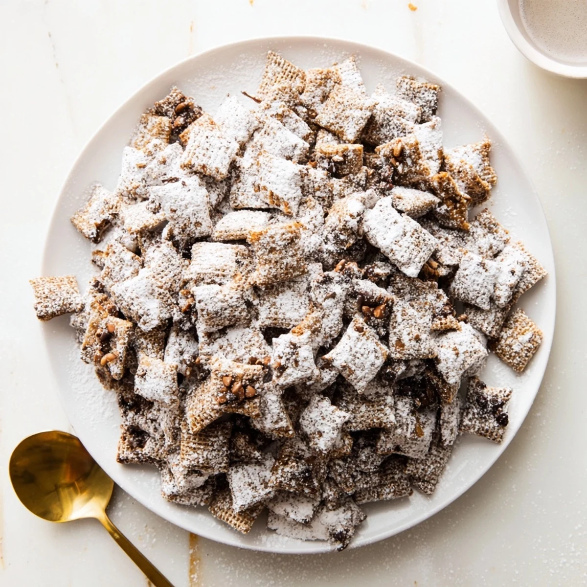 Indulge in a bowl of Thanksgiving Chai-Spiced Puppy Chow, perfect for holiday gatherings.