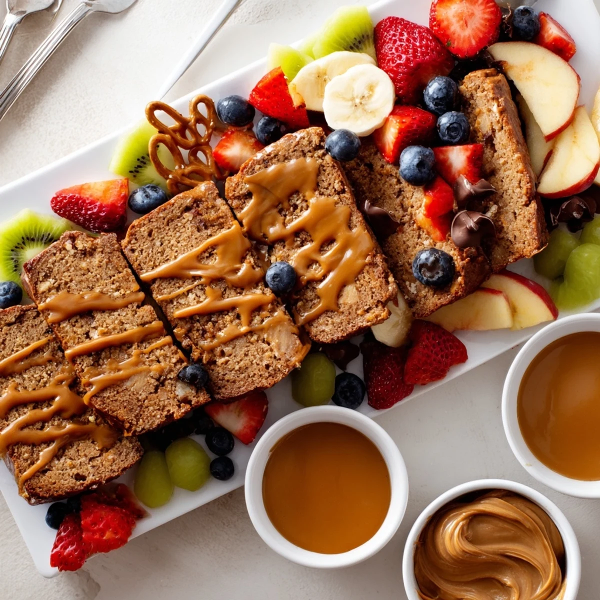 Delicious Caramel Banana Bread Charcuterie Board topped with fresh fruit and creamy dips  