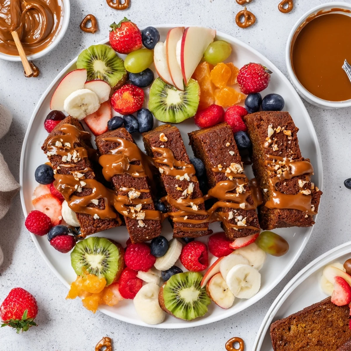 Indulgent Caramel Banana Bread Charcuterie Board with vibrant fruits and rich caramel drizzle