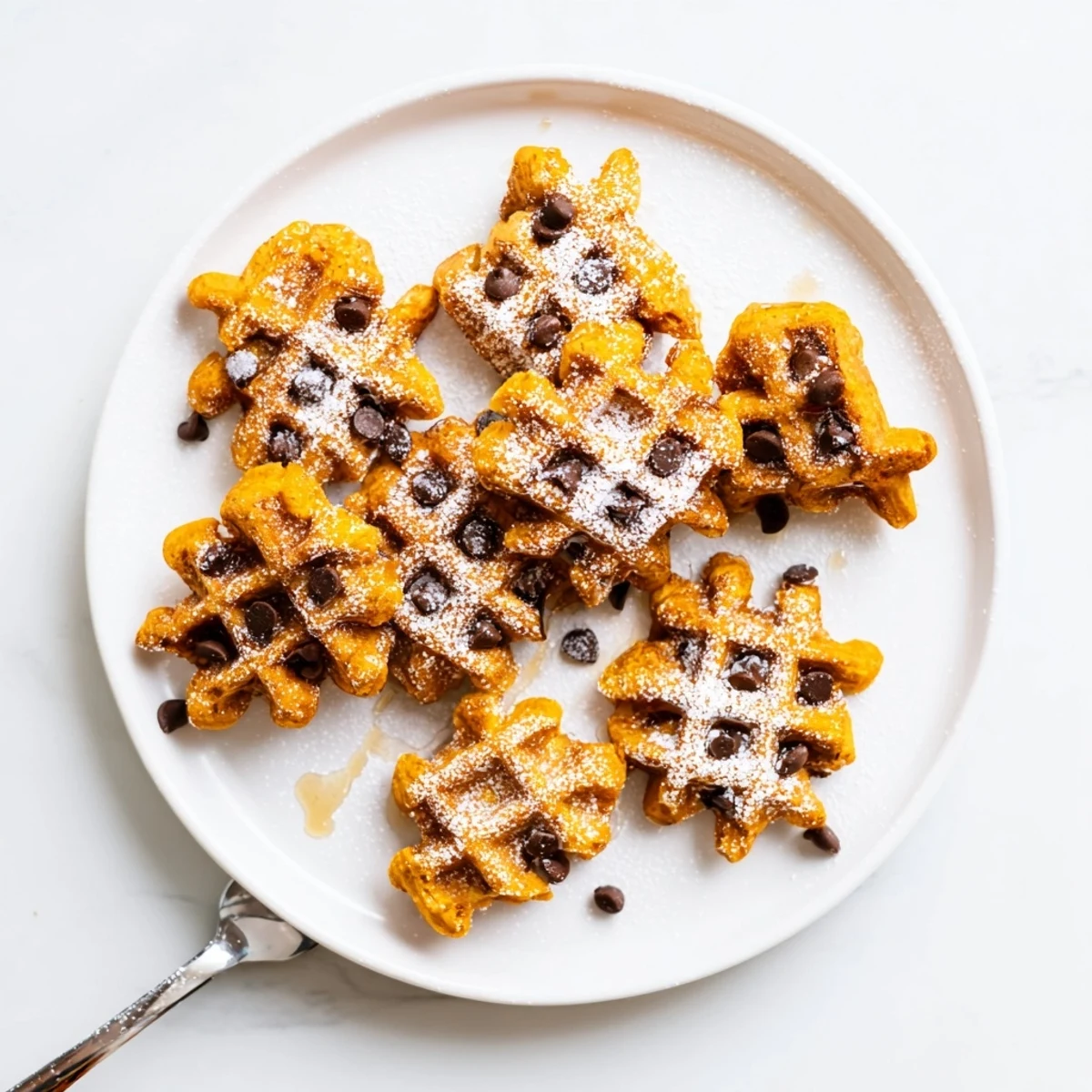 Soft pumpkin muffin waffle batter bites served warm with maple syrup drizzle.  