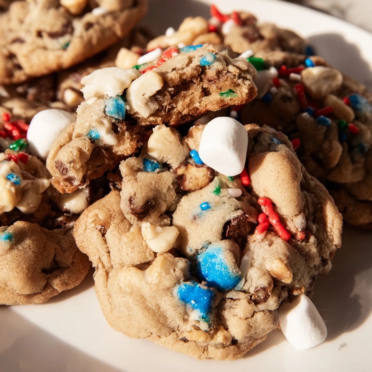 Decadent Loaded Rocky Road Hanukkah Christmas Cookies topped with festive sprinkles and mini marshmallows.  
