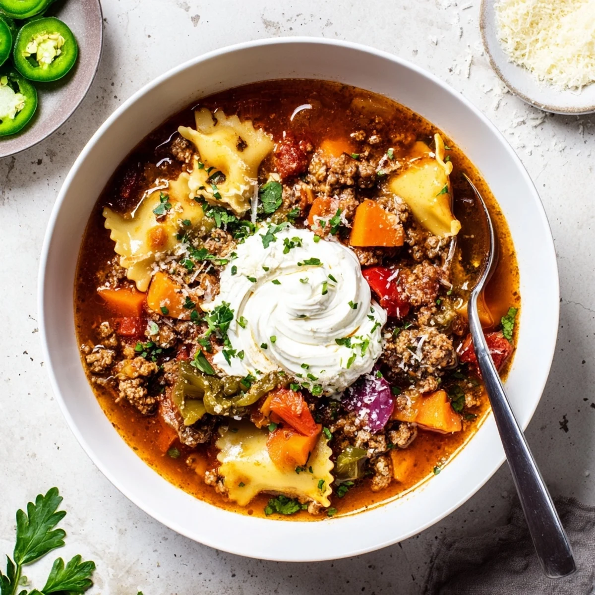Comforting bowl of Lasagne Soup with spicy jalapeƱos and creamy cheese blend.