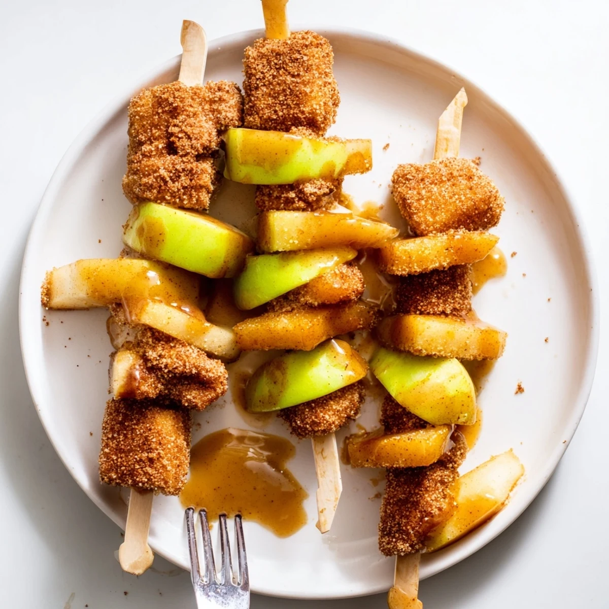 Crispy Caramel Apple Churro Skewers drizzled with rich caramel sauce and cinnamon.