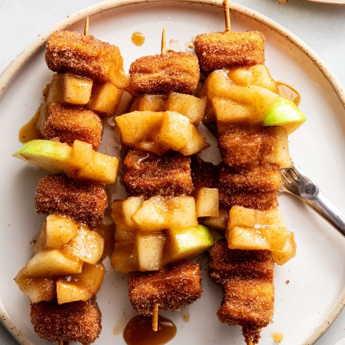 Golden churro bites and tart apples on skewers, ideal for dessert lovers.