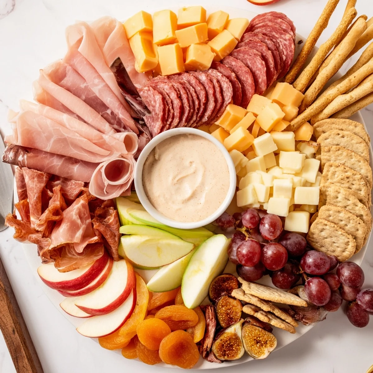 Luxurious charcuterie board with gingerbread dip, ideal for festive gatherings.  