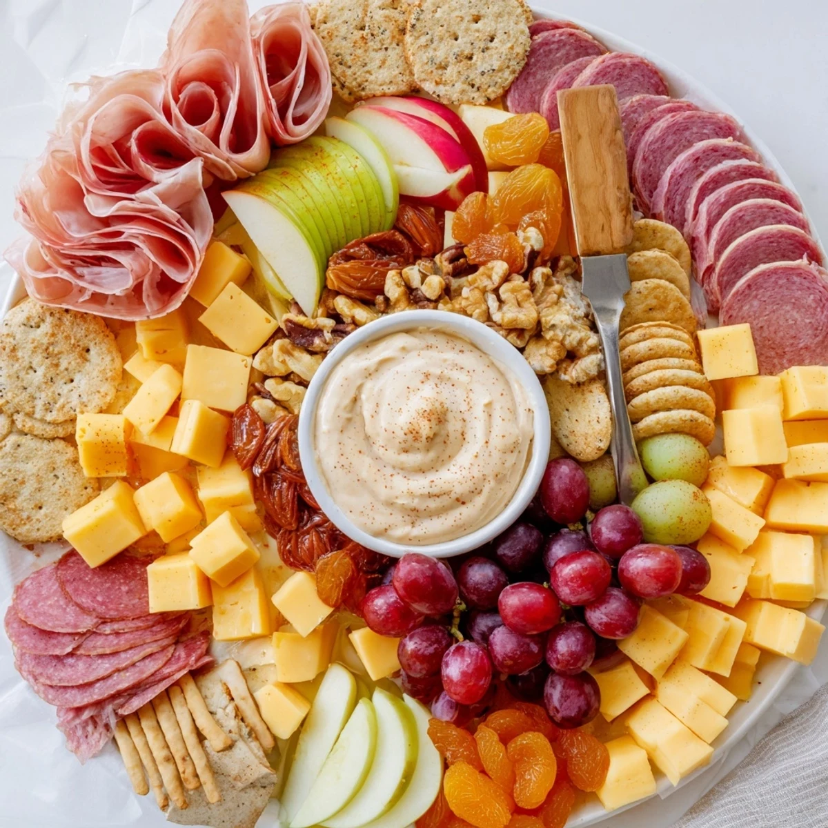 Seasonal charcuterie board featuring cured meats, cheeses, and creamy gingerbread dip.  