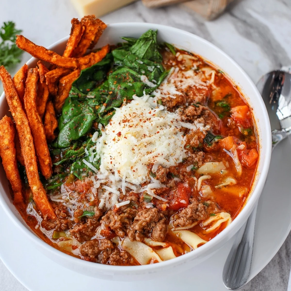 Rich and hearty Lasagne Soup served with crispy sweet potato fries for a cozy meal.