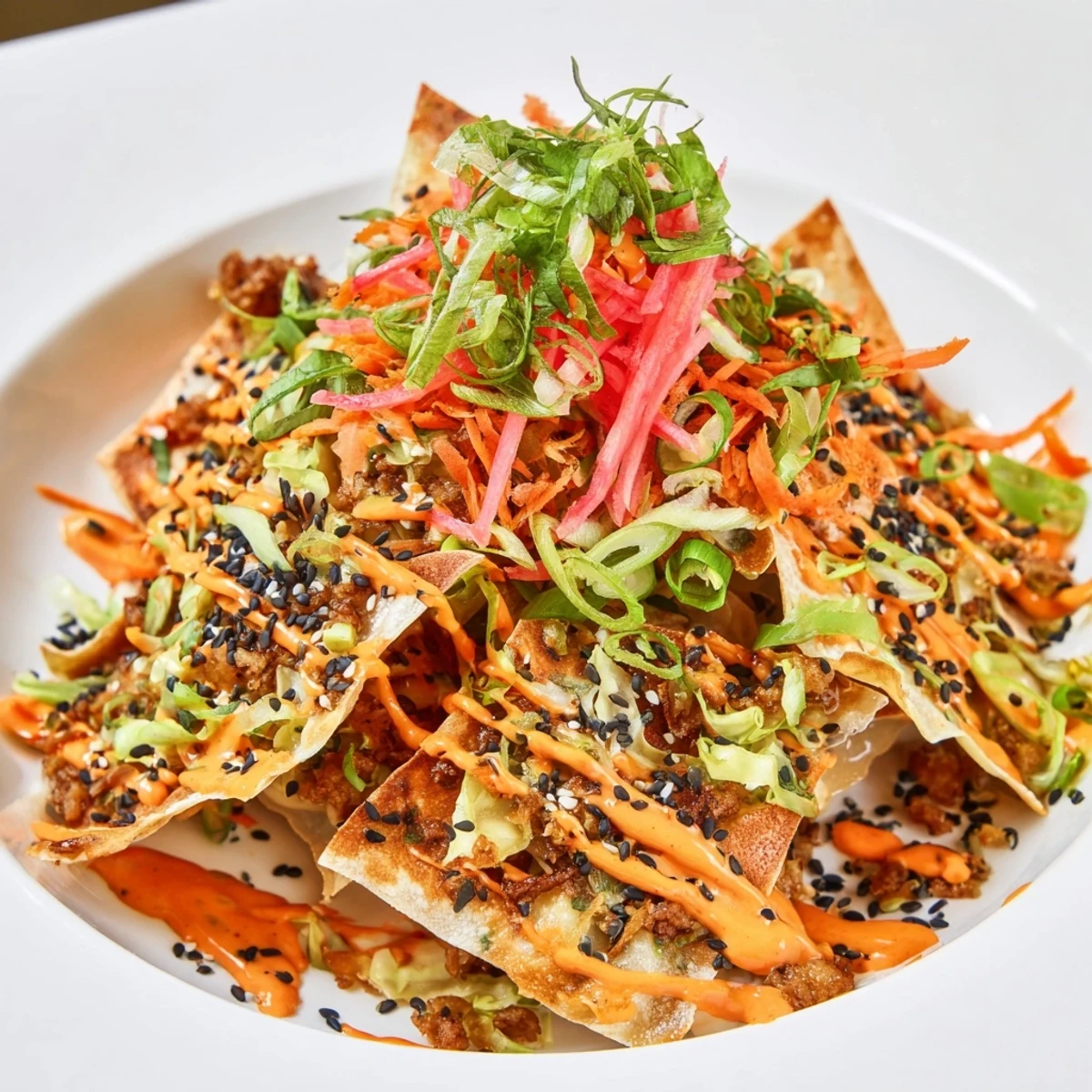 Japanese Gyoza Nachos Sriracha Mayo