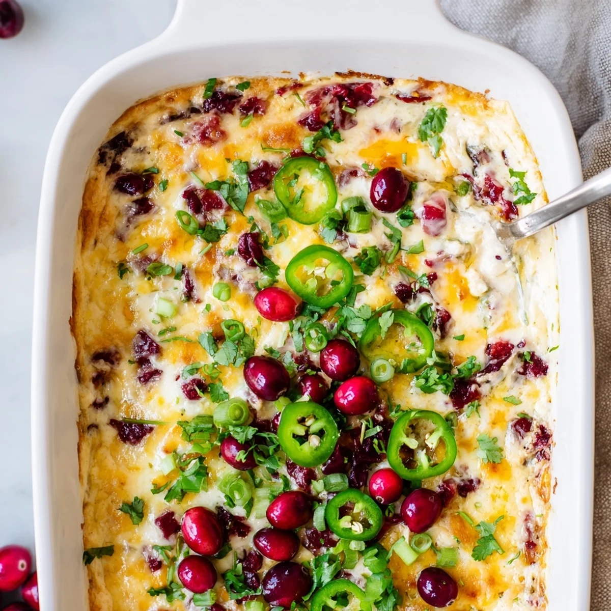 Vibrant cranberry jalapeƱo queso dip ready for holiday gatherings, rich and creamy delight.