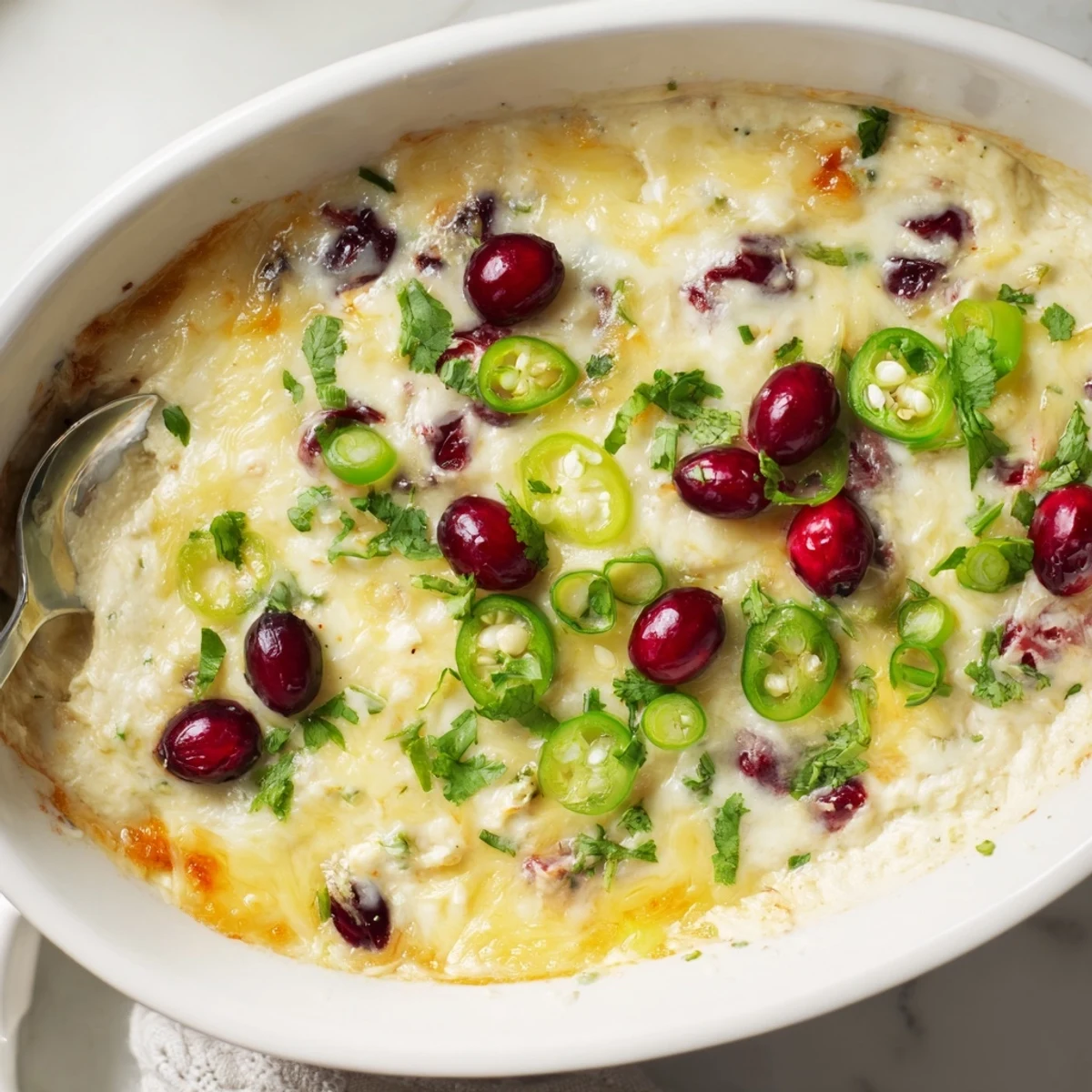 Spicy-sweet cranberry jalapeño queso dip bubbling in a cast-iron skillet, perfect for sharing.