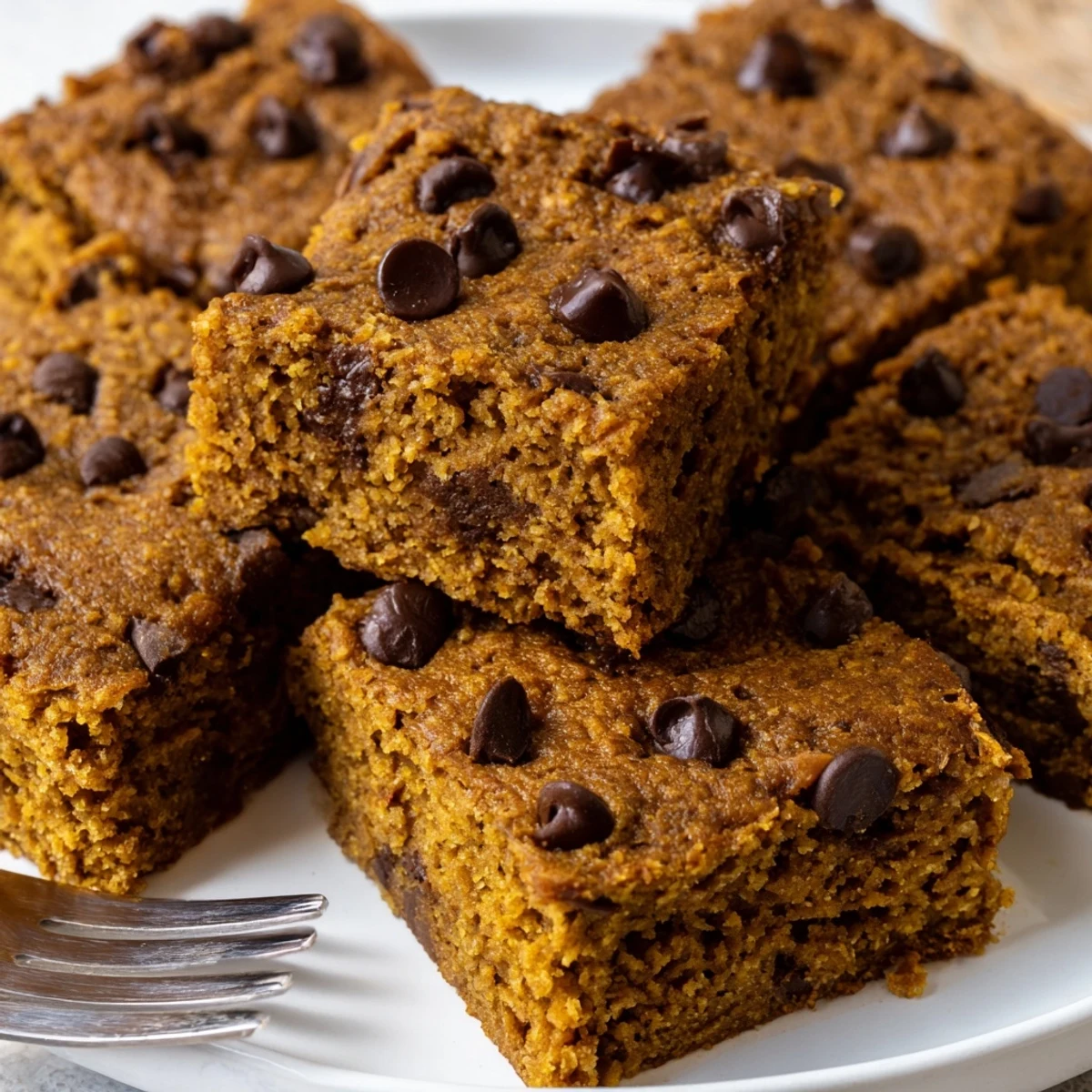 Moist gingerbread pumpkin chocolate chip muffin bars, perfect for fall gatherings.
