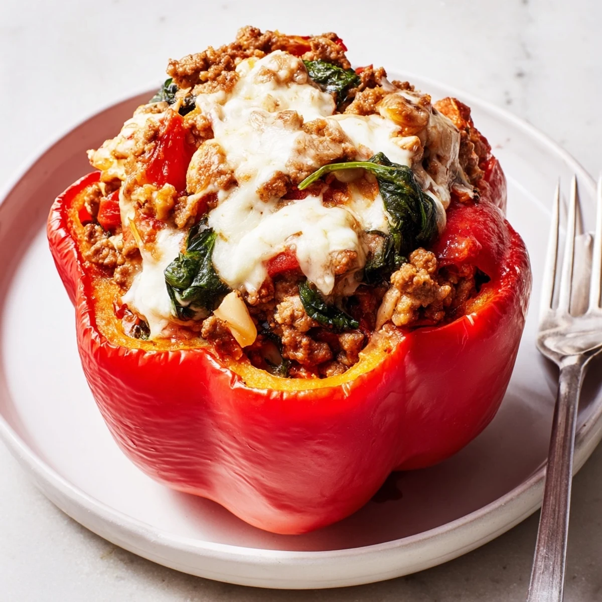 Hearty lasagne soup stuffed bell peppers topped with melted mozzarella and Parmesan cheese.