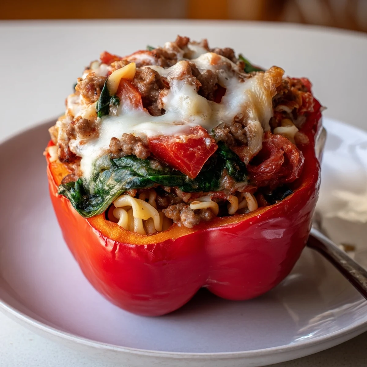 Colorful bell peppers overflowing with rich lasagne soup flavors, perfect for family dinners.