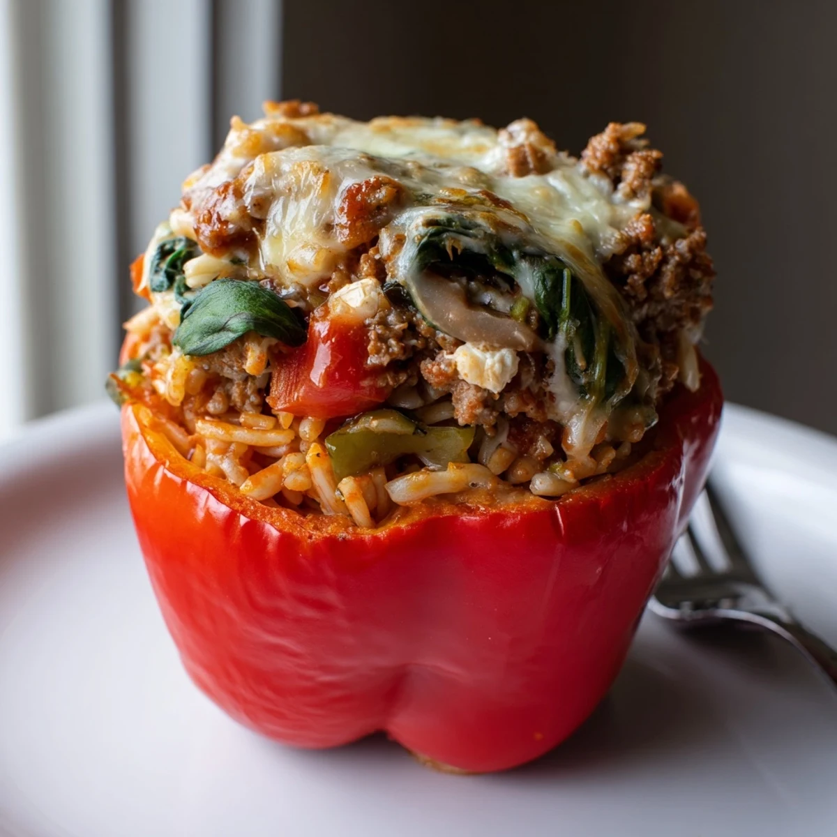 Savory lasagne soup baked in tender peppers, a comforting, satisfying main dish option.