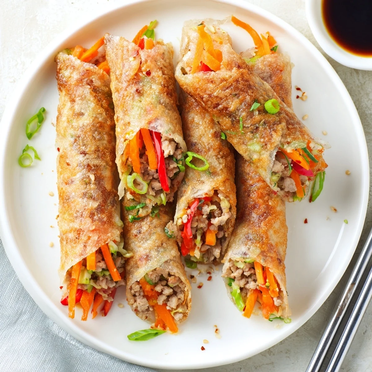 Delicious rice paper spring rolls, baked to perfection, featuring colorful vegetable filling.