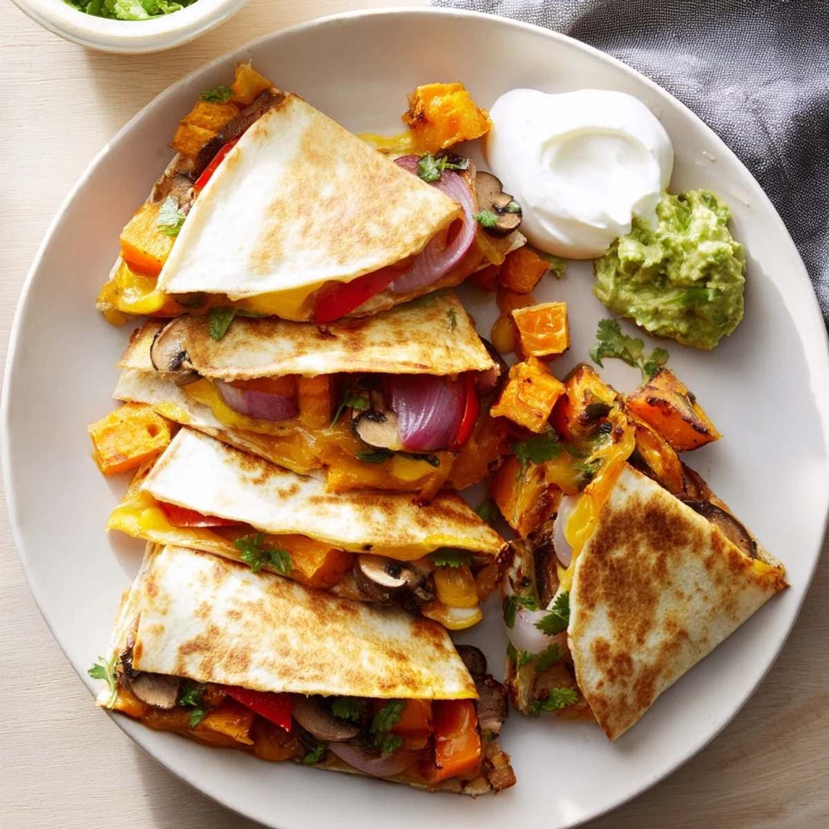 Delicious Loaded Autumn Veggie Quesadillas topped with fresh cilantro, served with sour cream.