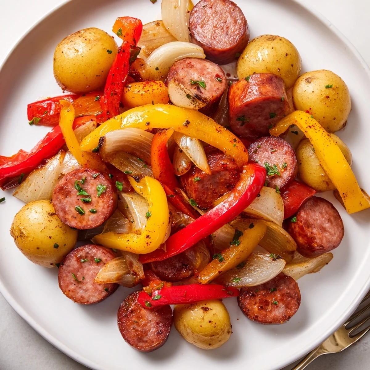 Savory rustic sausage & herb skillet served hot, garnished with fresh parsley and herbs.  