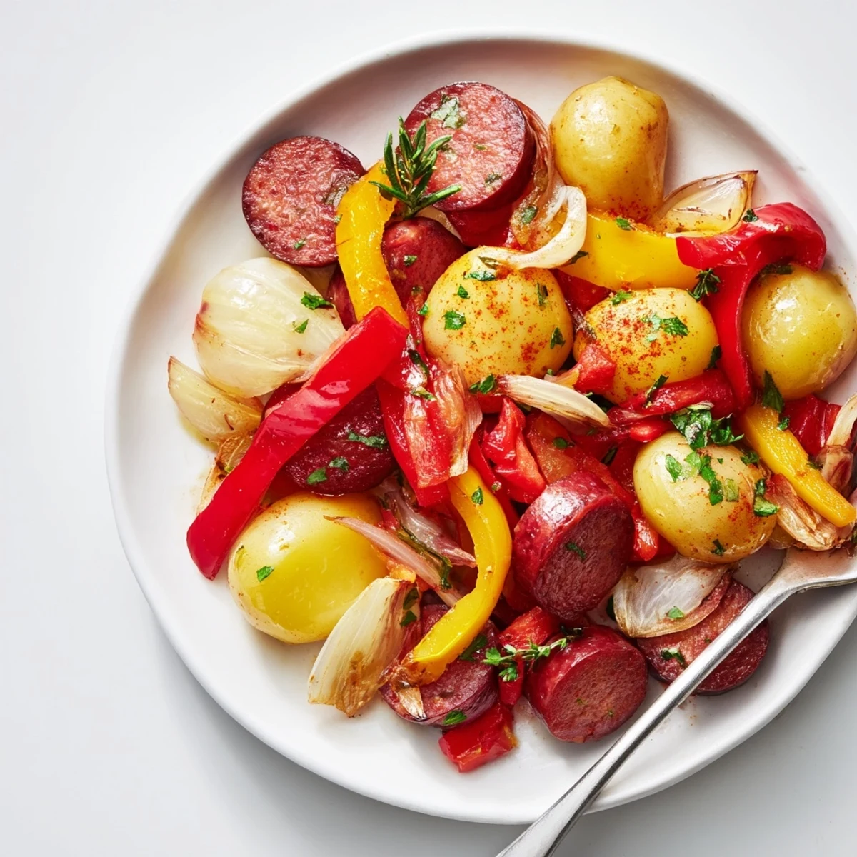 Delicious rustic sausage & herb skillet in a cast iron, ideal for cozy family meals.