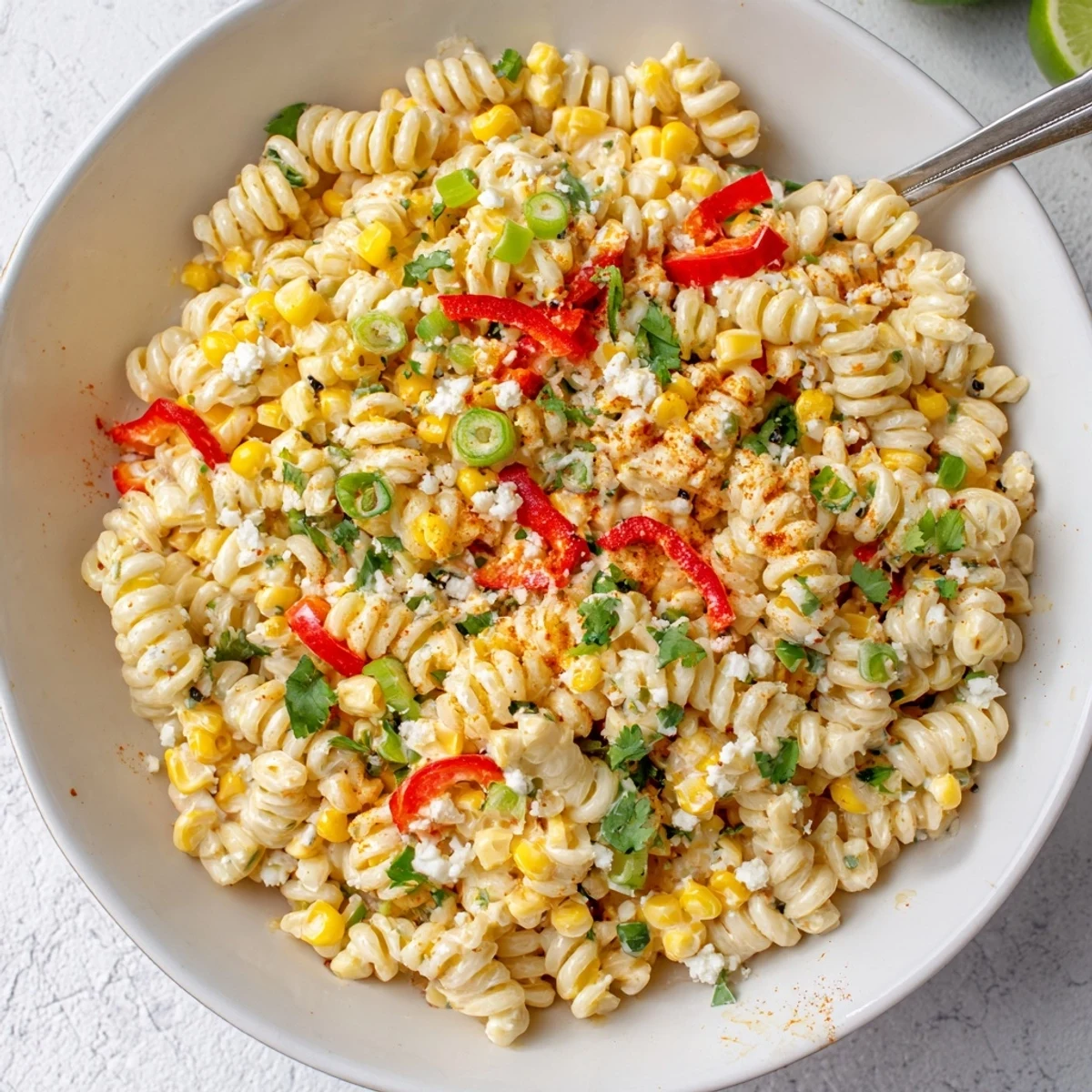 Vibrant Mexican Street Corn Pasta Salad with creamy dressing and colorful veggies.  