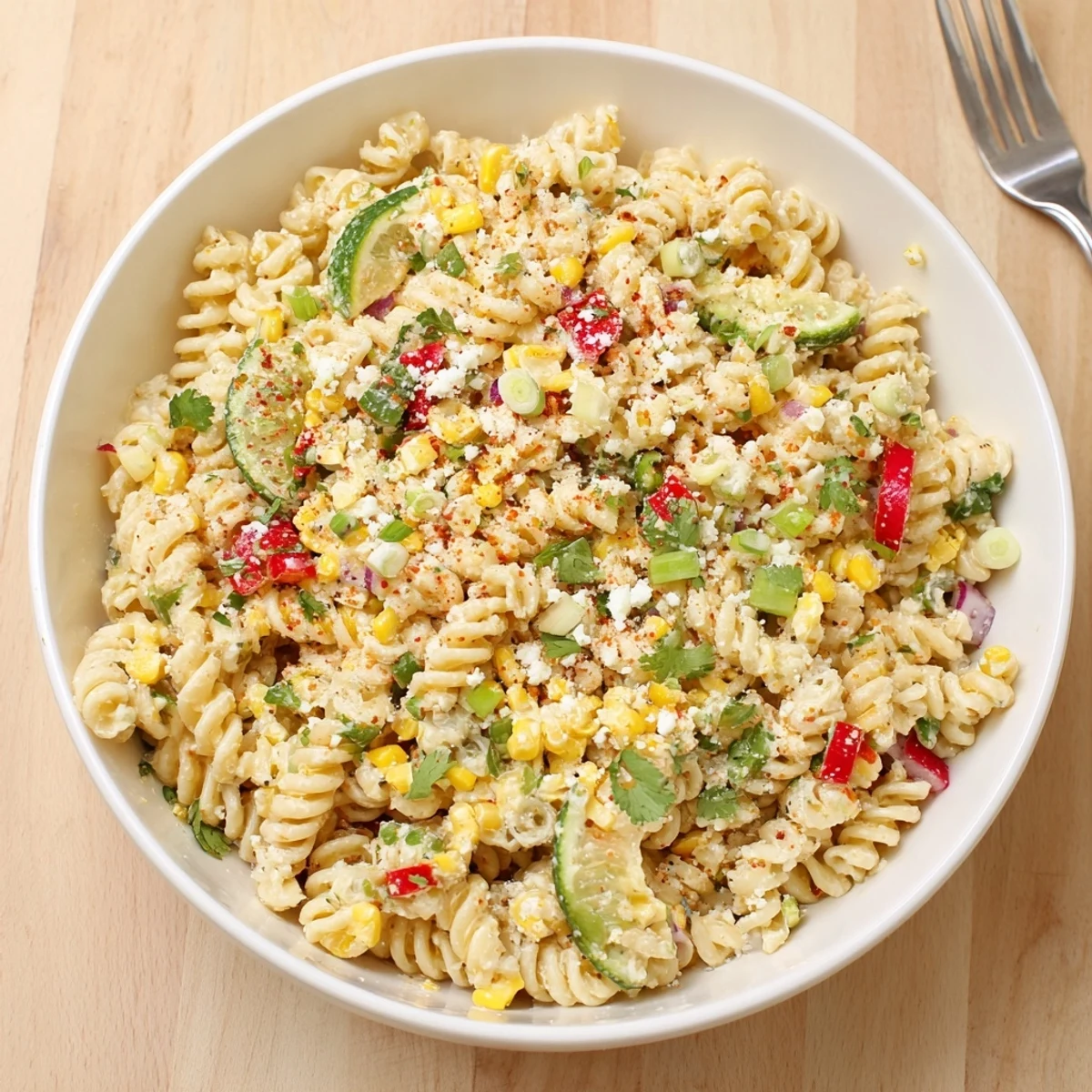 Delicious Mexican Street Corn Pasta Salad served with fresh lime and cotija cheese.  