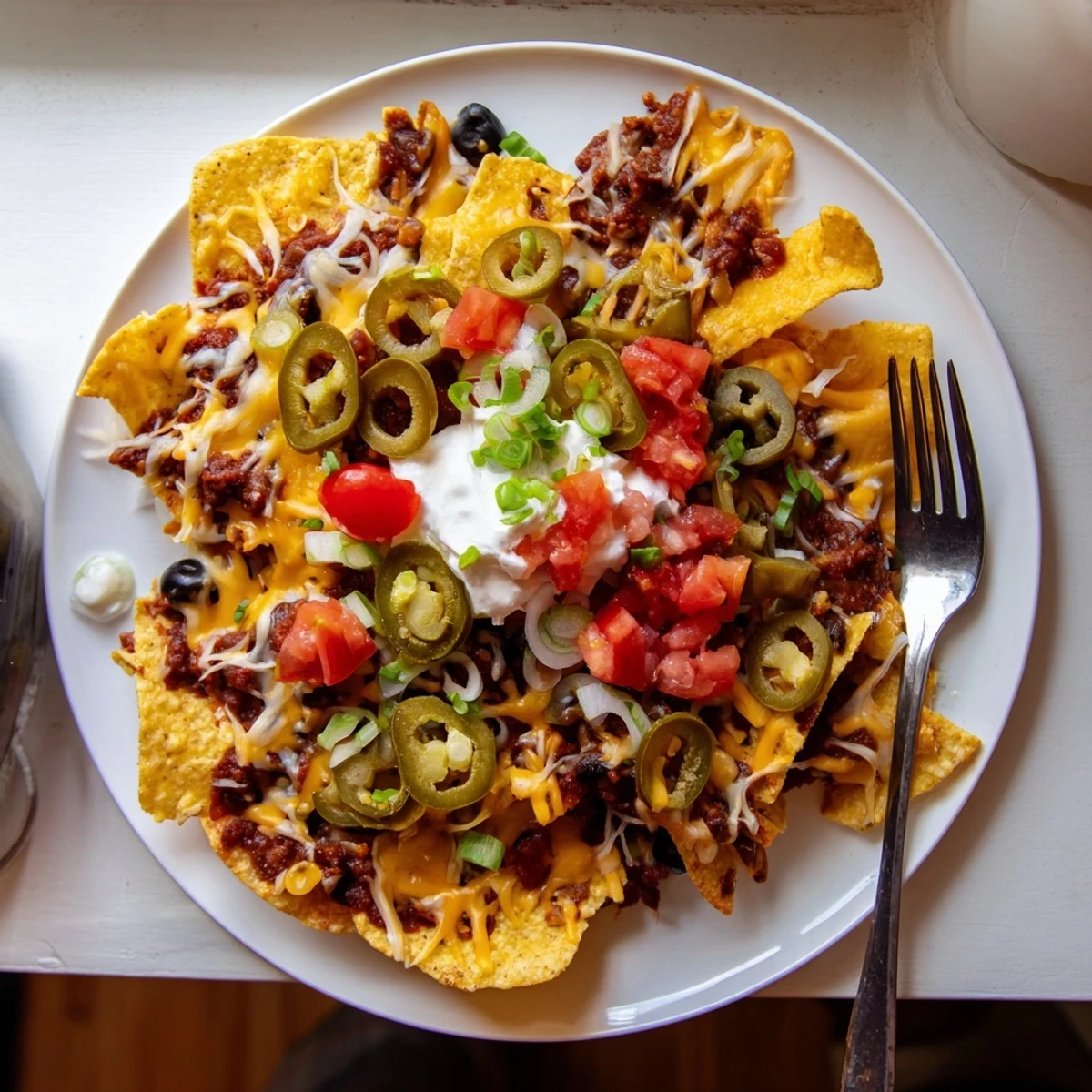Crispy Dollar Store Nachos topped with melted cheese and fresh jalapeños ready to serve.  