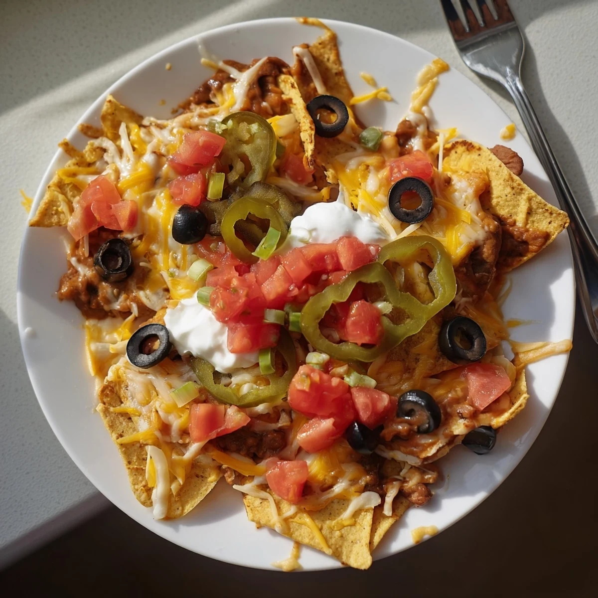 Sizzling Dollar Store Nachos drizzled with salsa and creamy sour cream for delicious flavor.  