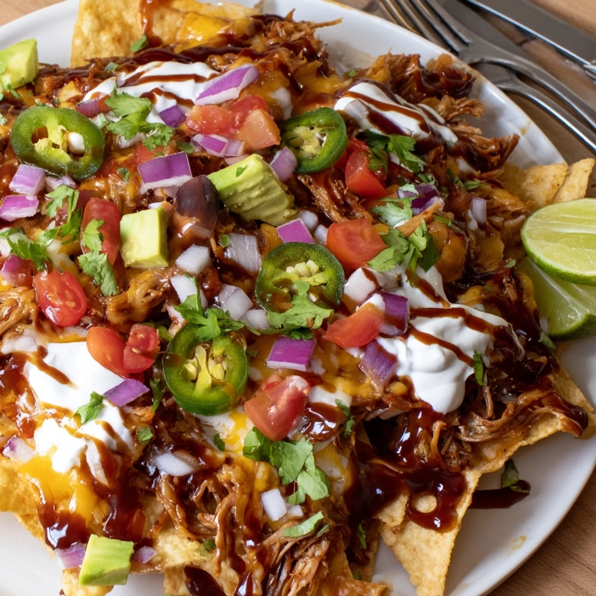 Crispy tortilla chips topped with BBQ pulled pork and melted cheese, perfect for sharing.  