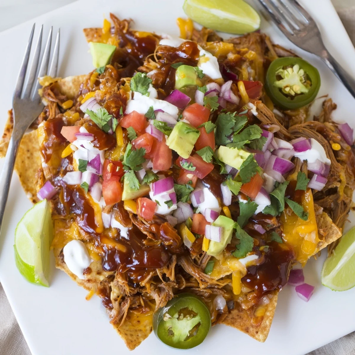 Indulge in quick BBQ pulled pork nachos, loaded with fresh toppings and gooey cheese.  