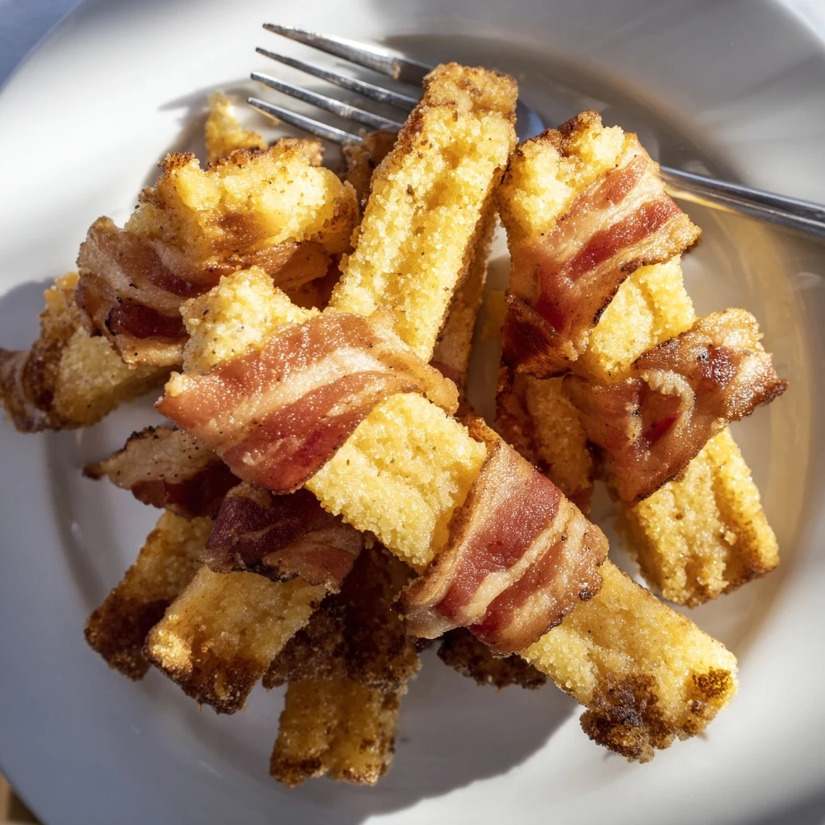 Crispy bacon encases warm cornbread sticks, a delicious twist on classic appetizers.  