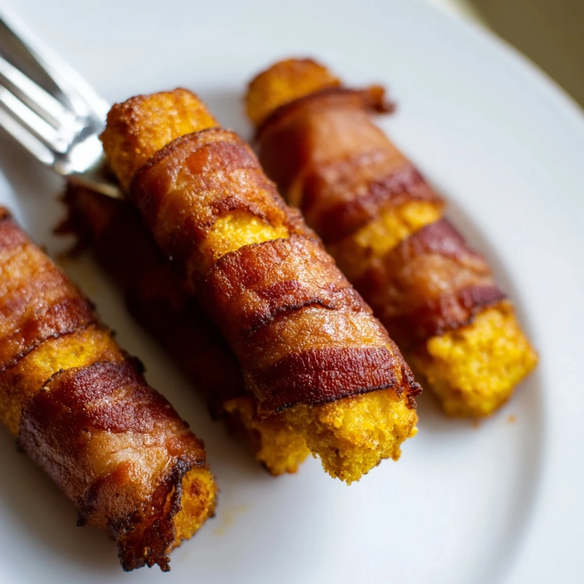 Savory bacon-wrapped cornbread sticks, golden brown and irresistible, ideal for parties.  
